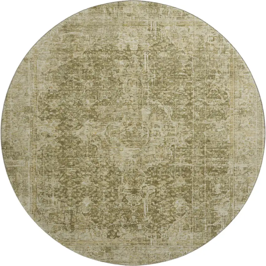 8' Brown And Beige Floral Medallion Washable Round Rug With UV Protection Photo 1