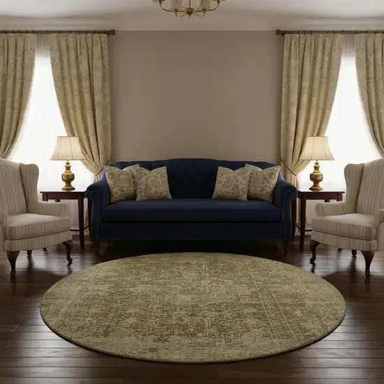 8' Brown And Beige Floral Medallion Washable Round Rug With UV Protection Photo 2