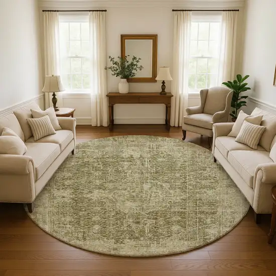 8' Brown And Beige Floral Medallion Washable Round Rug With UV Protection Photo 5