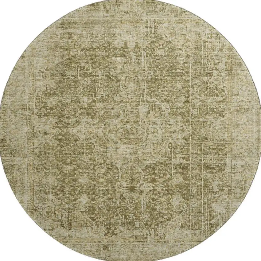 8' Brown And Beige Floral Medallion Washable Round Rug With UV Protection Photo 2