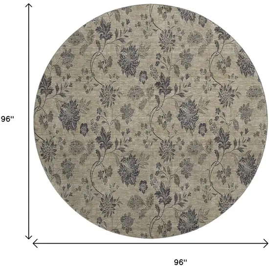 8' Brown And Beige Floral Washable Round Rug With UV Protection Photo 6