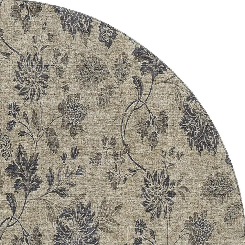 8' Brown And Beige Floral Washable Round Rug With UV Protection Photo 4