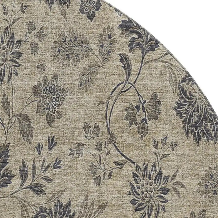 8' Brown And Beige Floral Washable Round Rug With UV Protection Photo 3