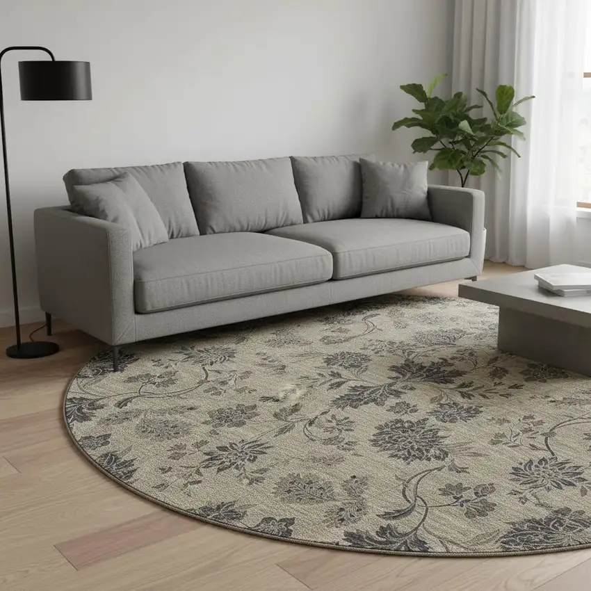 8' Brown And Beige Floral Washable Round Rug With UV Protection Photo 2