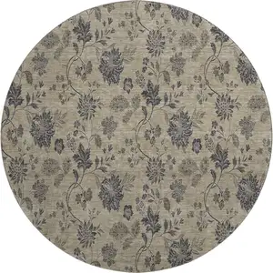 Photo of 8' Brown And Beige Floral Washable Round Rug With UV Protection