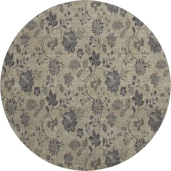 8' Brown And Beige Floral Washable Round Rug With UV Protection Photo 1