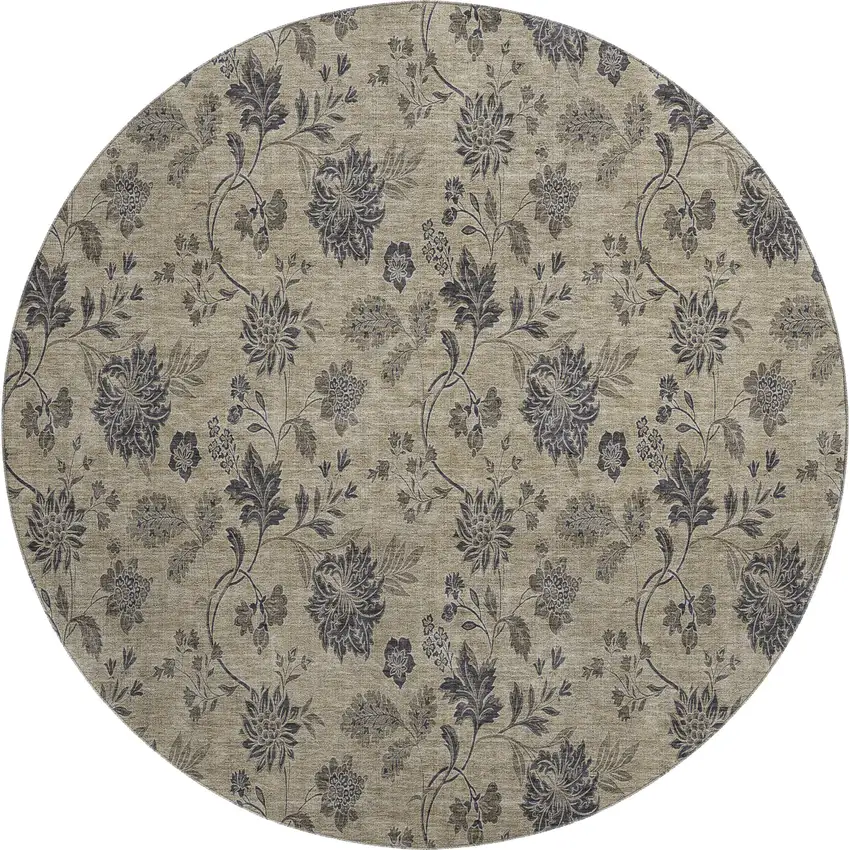 8' Brown And Beige Floral Washable Round Rug With UV Protection Photo 1