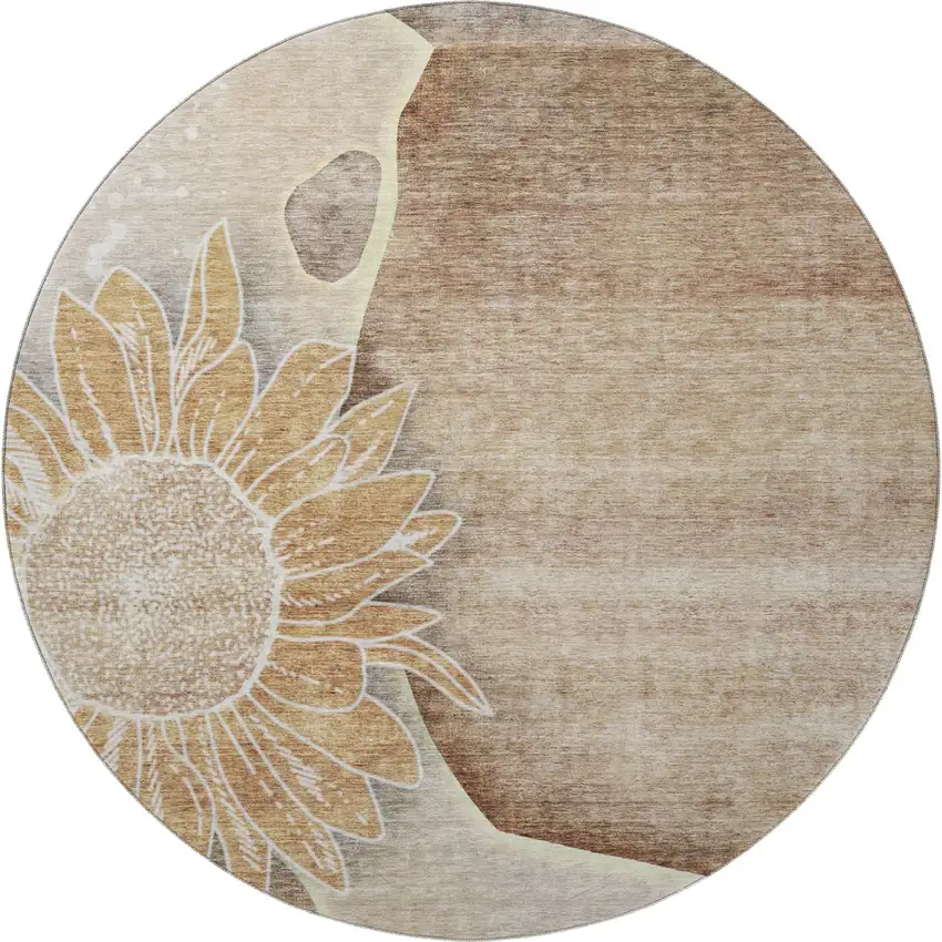 8' Brown And Beige Floral Washable Round Rug With UV Protection Photo 3