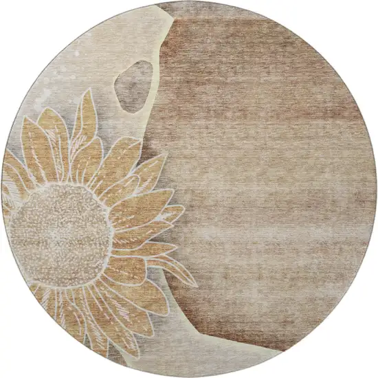 8' Brown And Beige Floral Washable Round Rug With UV Protection Photo 3