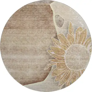 Photo of 8' Brown And Beige Floral Washable Round Rug With UV Protection