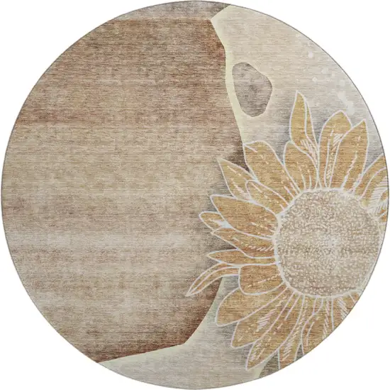 8' Brown And Beige Floral Washable Round Rug With UV Protection Photo 1