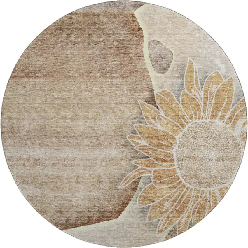 8' Brown And Beige Floral Washable Round Rug With UV Protection Photo 1