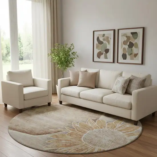 8' Brown And Beige Floral Washable Round Rug With UV Protection Photo 1