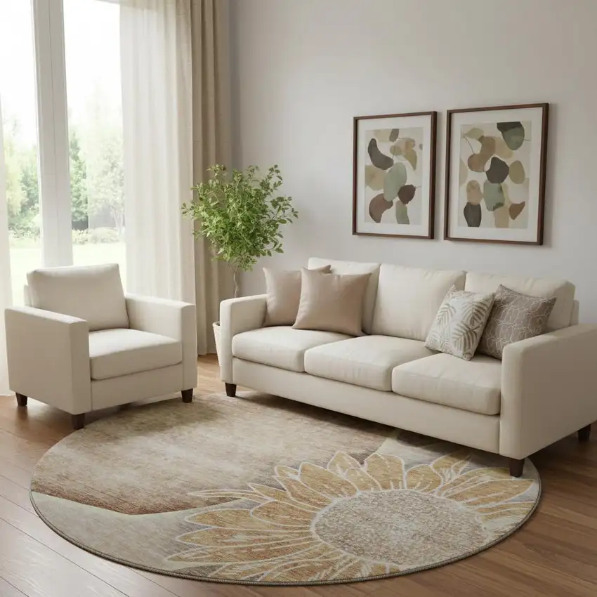 8' Brown And Beige Floral Washable Round Rug With UV Protection Photo 1