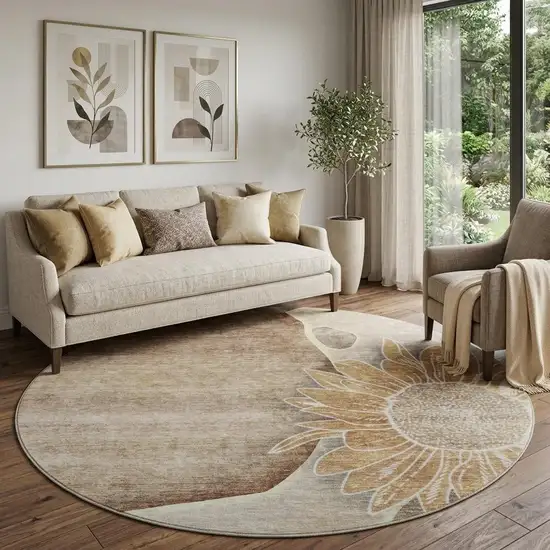 8' Brown And Beige Floral Washable Round Rug With UV Protection Photo 1