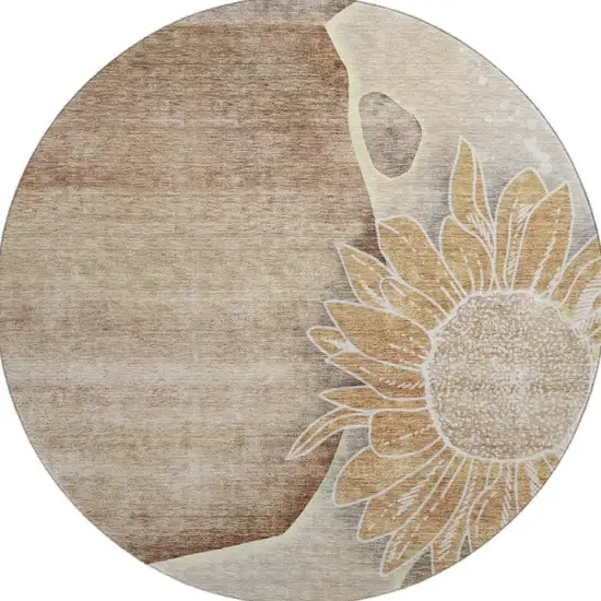 8' Brown And Beige Floral Washable Round Rug With UV Protection Photo 4