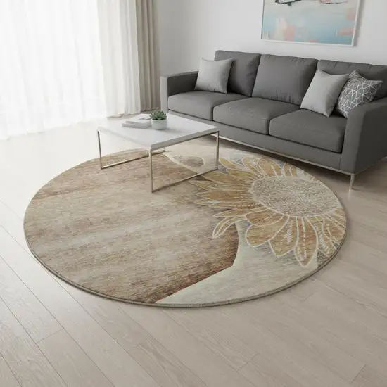 8' Brown And Beige Floral Washable Round Rug With UV Protection Photo 2