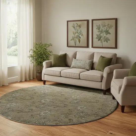 8' Brown And Beige Floral Washable Round Rug With UV Protection Photo 1