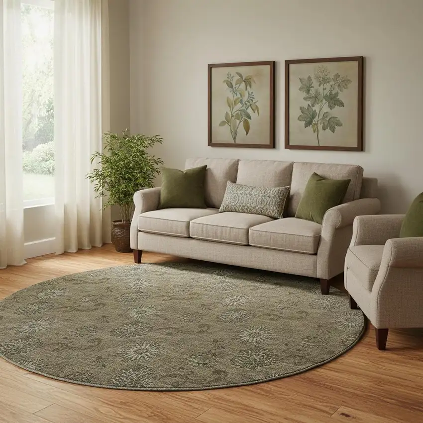 8' Brown And Beige Floral Washable Round Rug With UV Protection Photo 1