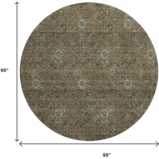 8' Brown And Beige Floral Washable Round Rug With UV Protection Photo 3