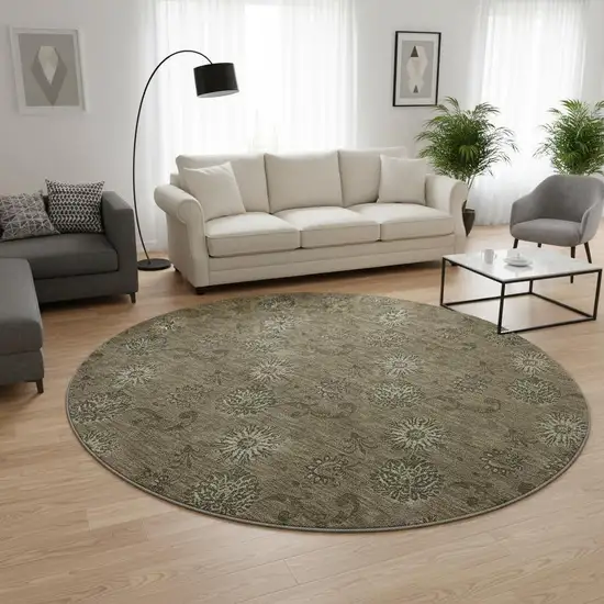 8' Brown And Beige Floral Washable Round Rug With UV Protection Photo 2
