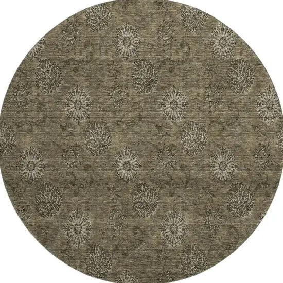 8' Brown And Beige Floral Washable Round Rug With UV Protection Photo 4