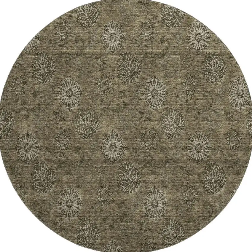 8' Brown And Beige Floral Washable Round Rug With UV Protection Photo 4
