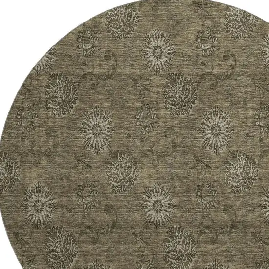 8' Brown And Beige Floral Washable Round Rug With UV Protection Photo 3