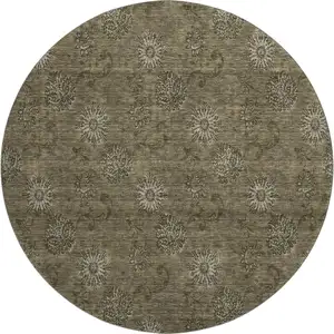 Photo of 8' Brown And Beige Floral Washable Round Rug With UV Protection
