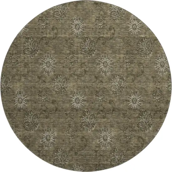 8' Brown And Beige Floral Washable Round Rug With UV Protection Photo 1