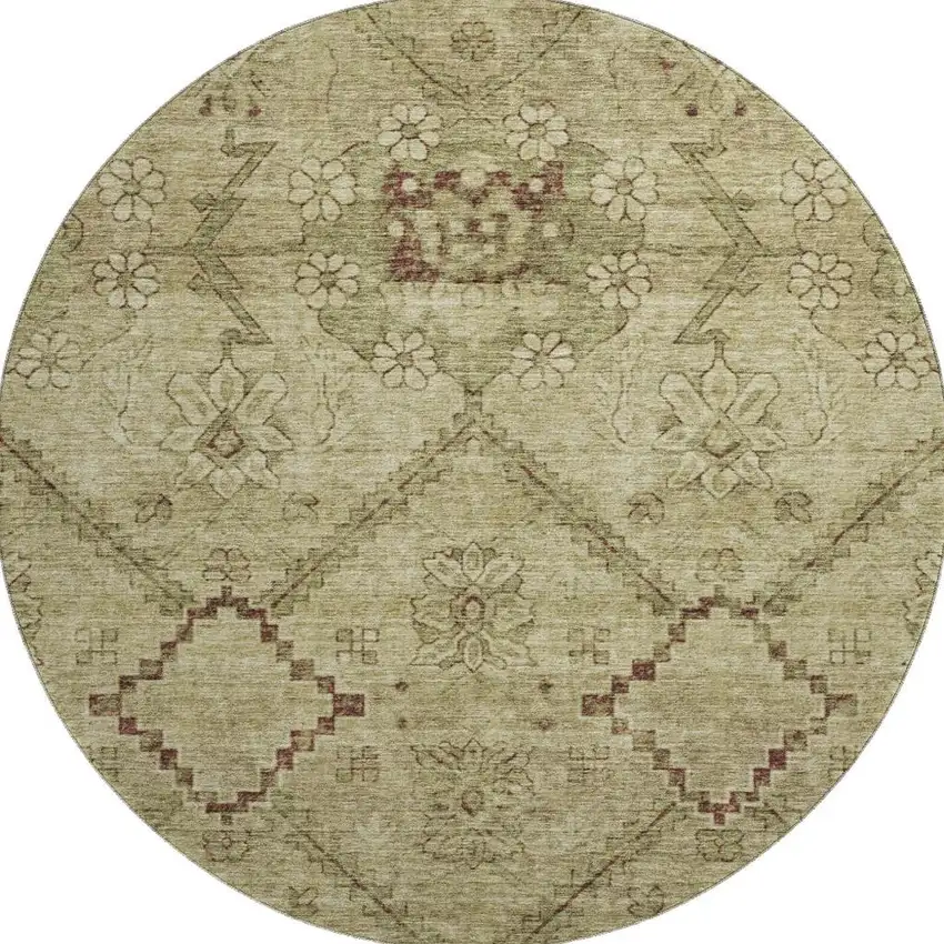 8' Brown And Beige Floral Washable Round Rug With UV Protection Photo 3