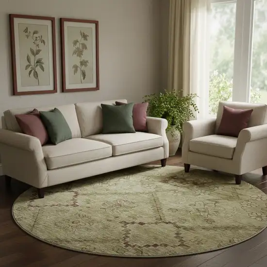 8' Brown And Beige Floral Washable Round Rug With UV Protection Photo 1