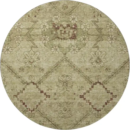 8' Brown And Beige Floral Washable Round Rug With UV Protection Photo 4