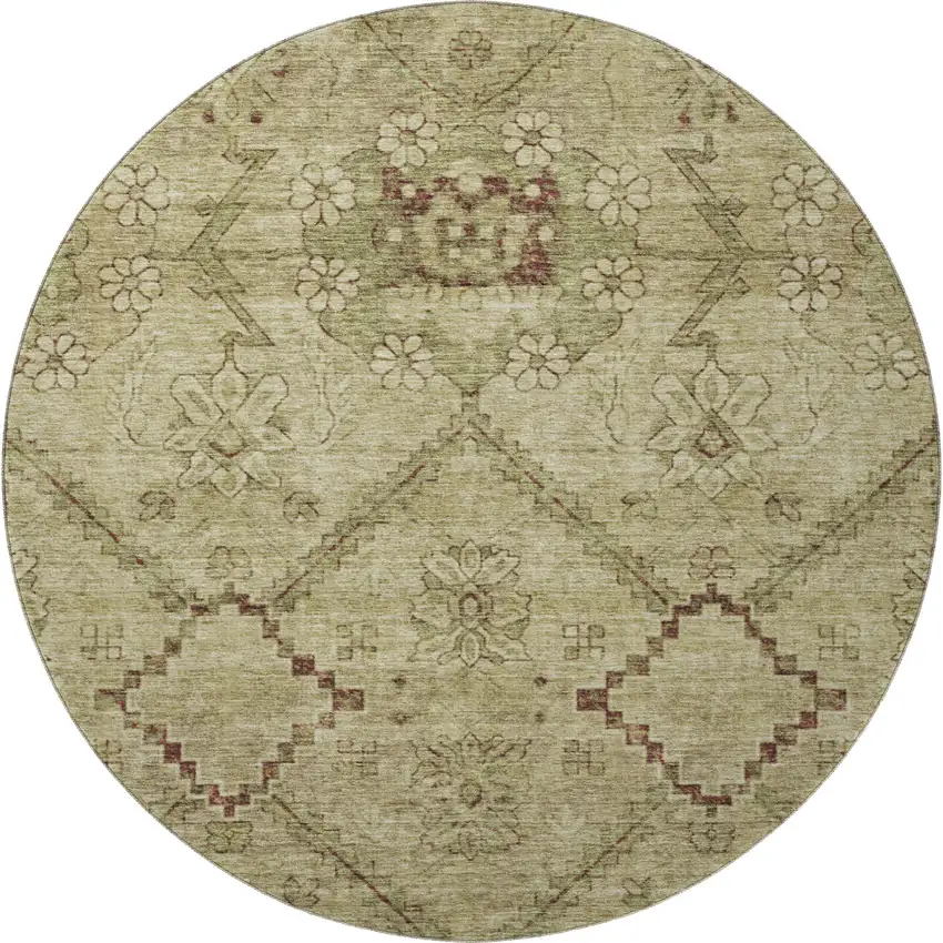 8' Brown And Beige Floral Washable Round Rug With UV Protection Photo 4