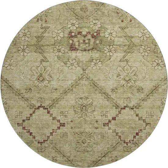 8' Brown And Beige Floral Washable Round Rug With UV Protection Photo 1