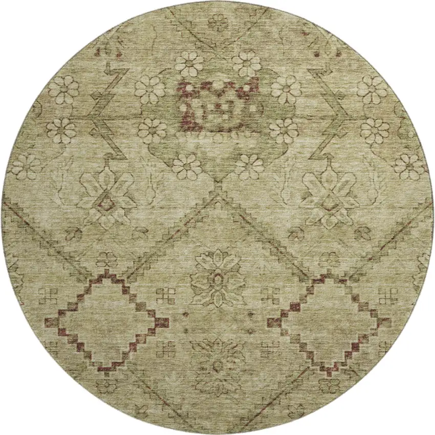 8' Brown And Beige Floral Washable Round Rug With UV Protection Photo 1
