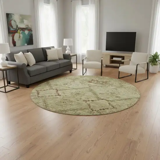 8' Brown And Beige Floral Washable Round Rug With UV Protection Photo 2