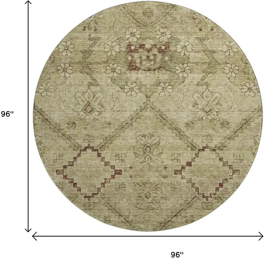 8' Brown And Beige Floral Washable Round Rug With UV Protection Photo 3