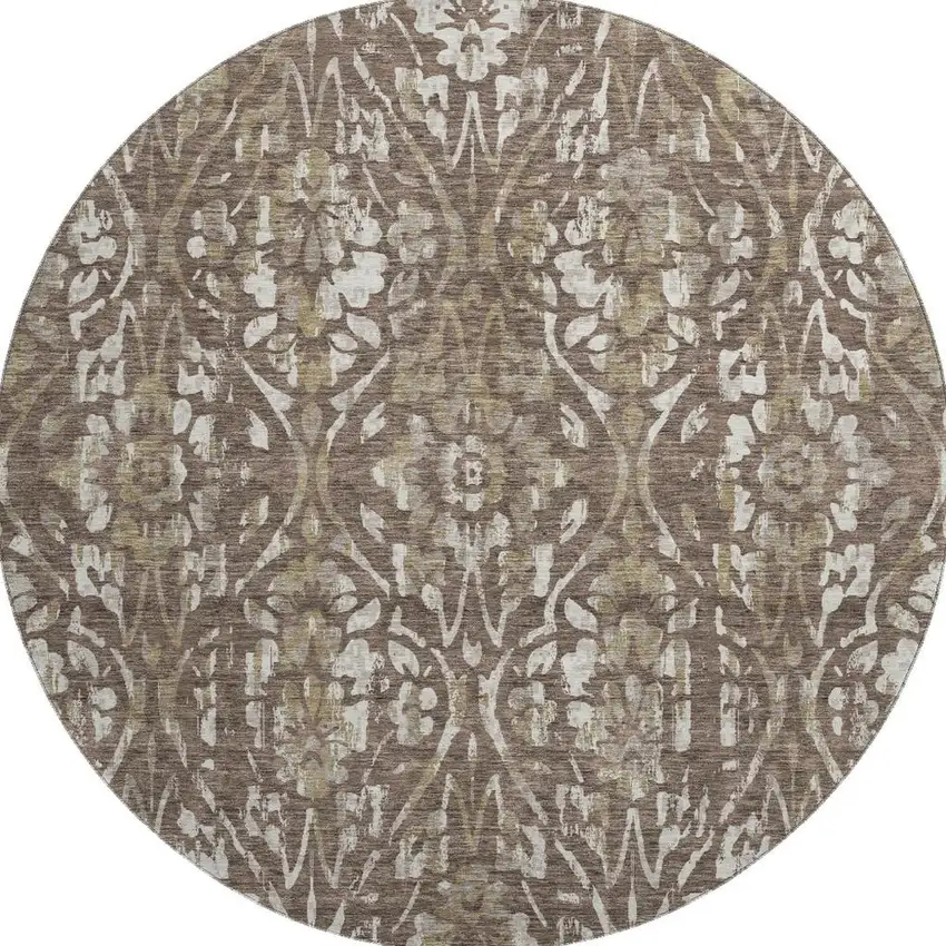 8' Brown And Beige Floral Washable Round Rug With UV Protection Photo 4