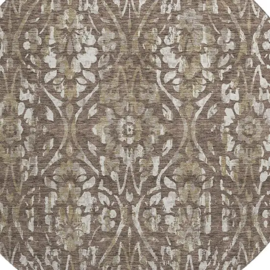 8' Brown And Beige Floral Washable Round Rug With UV Protection Photo 3
