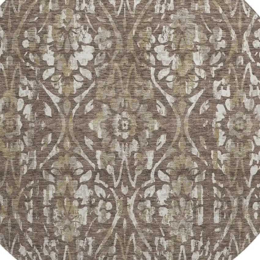 8' Brown And Beige Floral Washable Round Rug With UV Protection Photo 3