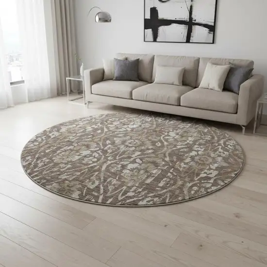 8' Brown And Beige Floral Washable Round Rug With UV Protection Photo 2