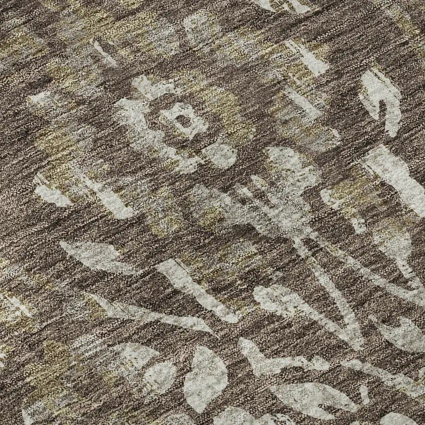 8' Brown And Beige Floral Washable Round Rug With UV Protection Photo 9