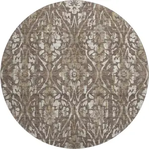 Photo of 8' Brown And Beige Floral Washable Round Rug With UV Protection