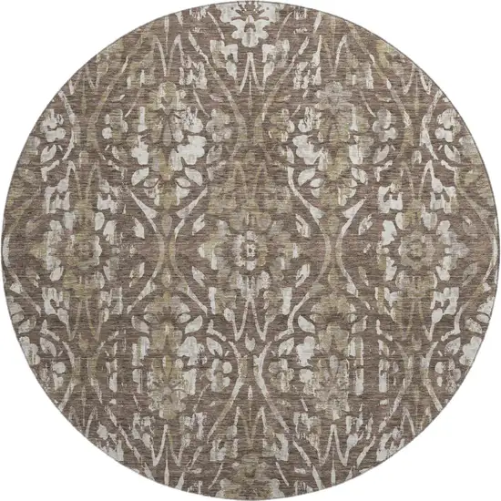8' Brown And Beige Floral Washable Round Rug With UV Protection Photo 1