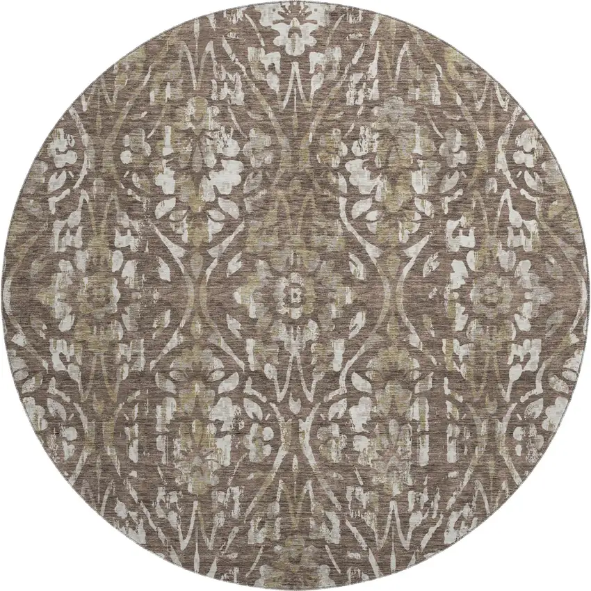 8' Brown And Beige Floral Washable Round Rug With UV Protection Photo 1