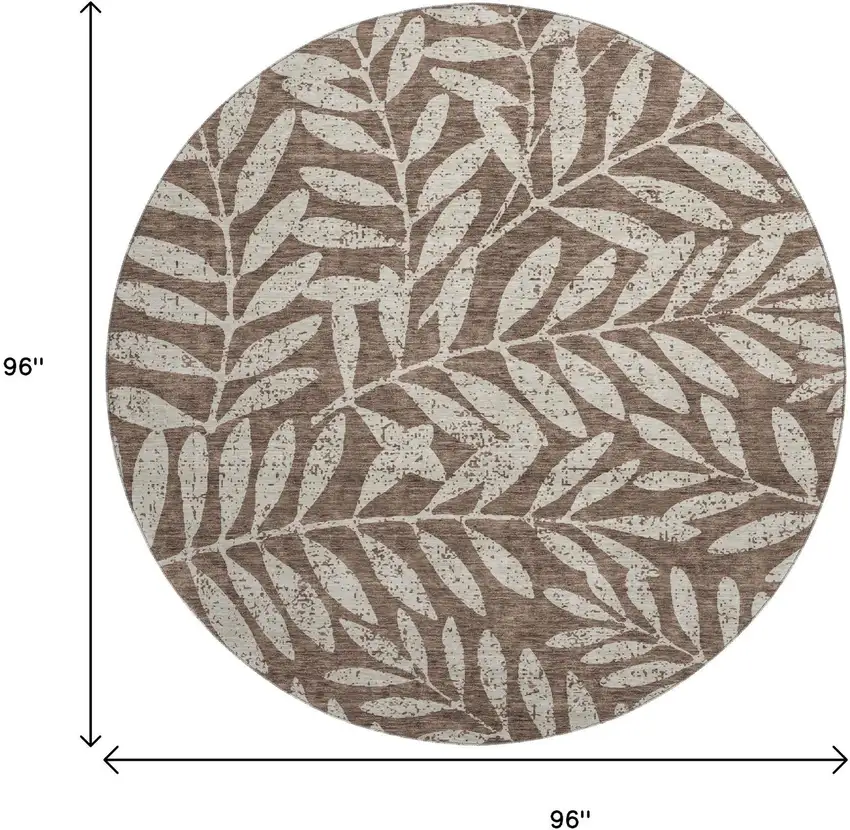 8' Brown And Beige Floral Washable Round Rug With UV Protection Photo 9