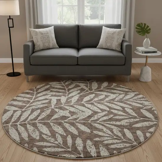 8' Brown And Beige Floral Washable Round Rug With UV Protection Photo 2