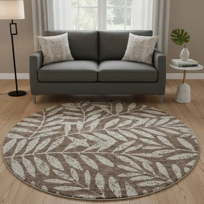 8' Brown And Beige Floral Washable Round Rug With UV Protection Photo 2