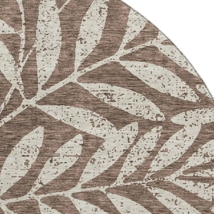 8' Brown And Beige Floral Washable Round Rug With UV Protection Photo 3